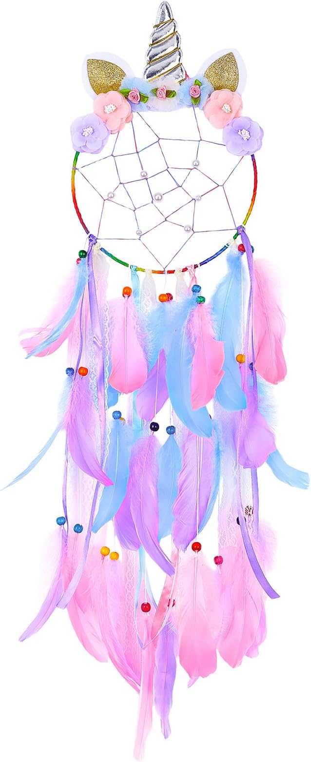 QtGirl Dream Catchers for Kids Unicorn Wall Decor for Girls Bedroom Flower Feather Wall Hanging Decoration