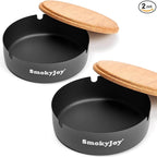 Ashtray with Lid for Outside Patio, 2 Pack Windproof Ash Tray, Black Stainless Steel Smokeless Ashtray for Outdoor Home Office Tabletop Patio Outdoor Balcony, Meidium