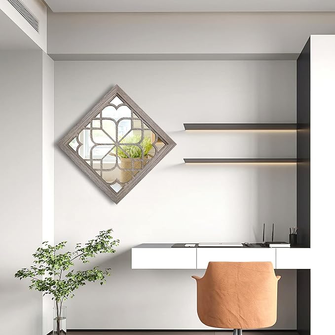 Wocred Set of 2 Farmhouse Square True Mirrors,Vintage Style Barn Wood Wall Decor, Accent Mirrors for Bathroom Renovation,Bedrooms,Living Rooms (12”x12”)