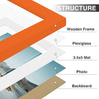 Vittanly 4x6 Picture Frames Set of 9, Shatter Resistant Plexiglass, Display 3.5x5 Pictures with Mat or 4x6 without Mat, Photo Frames for Wall or Tabletop, Engineered Wood, Orange