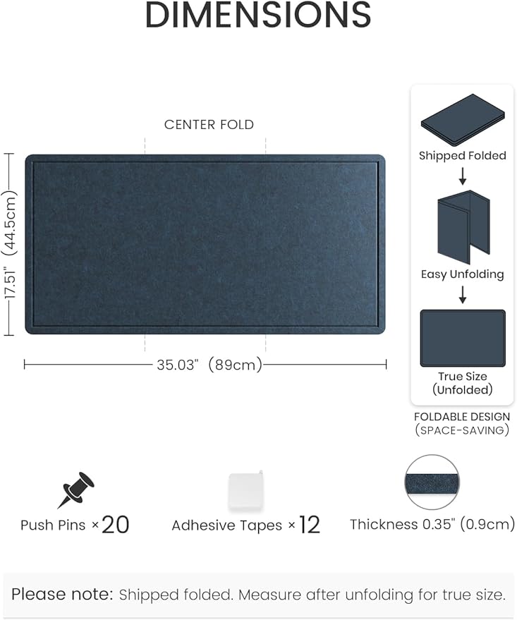 Fluxynara Bulletin Board, 35" x 17.5" Cork Board Alternative with 12 Safe Removable Adhesive Tabs, Foldable Felt Pin Board for Home Office, Classroom, Bedroom,Entryway for Walls—Carbon Blue