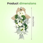 18.9 Inch Artificial Teardrop Swag with Burlap Bow, Farmhouse Decor for All Seasons, Green and White Faux Wreath for Front Door, Wall, or Wedding