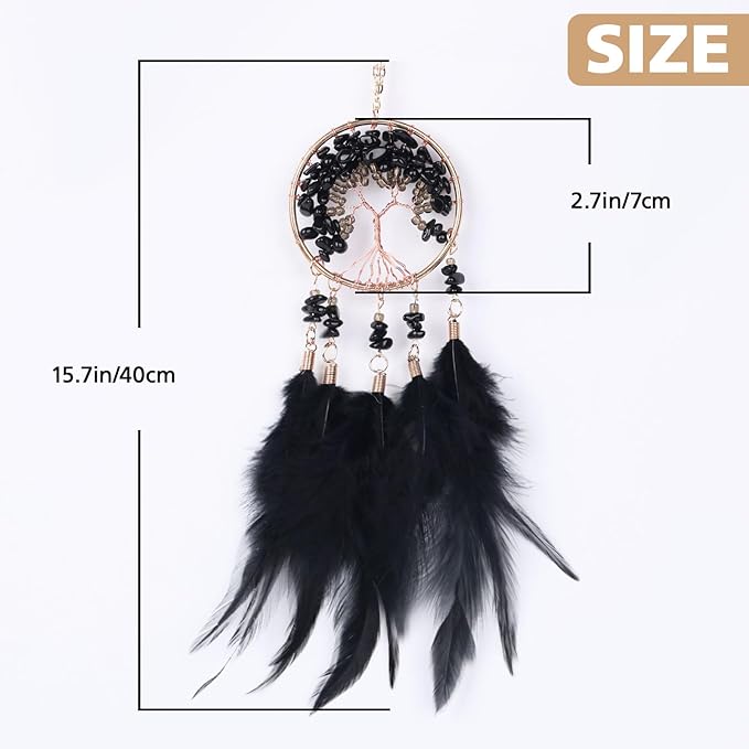 Pretty Jolly Small Tree of Life Crystal Stone Dream Catchers Black Feathers Mini Dreamcatchers for Cars Rear View Mirror Hanging Decoration Good Luck Travel Charm Bedroom Ornaments for Women Girls