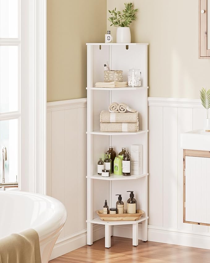 Corner Shelf, 5 Tier Corner Bookshelf, Display Corner Shelf Stand with Storage Rack, Wall Corner Bookshelf for Living Room, Bedroom, Office, White