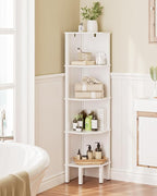 Corner Shelf, 5 Tier Corner Bookshelf, Display Corner Shelf Stand with Storage Rack, Wall Corner Bookshelf for Living Room, Bedroom, Office, White