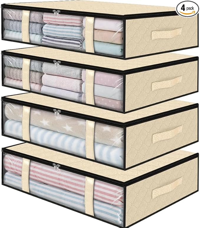 StorageRight Under Bed Storage Bags 4 Pack, 40L Large Clothes & Comforter Storage Containers with Clear Window, Breathable Fabric Organizer for Blankets, Bedding, Seasonal Clothing, Beige