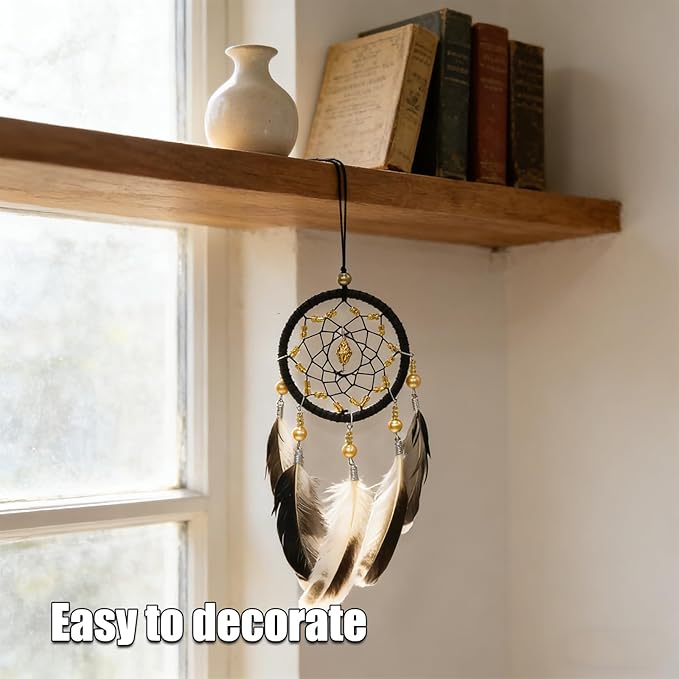 Pine & Linen Handmade Dream Catcher,Bohemian Style Car Rearview Mirror Hanging Charms Feather Pendant,Good Luck Charm for Car Accessories/Wall Hanging/Women/Gift(Black)