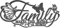 Family Metal Word Sign Wall Art Decor, Family Makes This House A Home Heart Butterflies Wall Hanging Sculpture, Silvery Iron Letters Quotes Home Decor for Living Room Kitchen (Black-B)