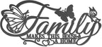 Family Metal Word Sign Wall Art Decor, Family Makes This House A Home Heart Butterflies Wall Hanging Sculpture, Silvery Iron Letters Quotes Home Decor for Living Room Kitchen (Black-B)