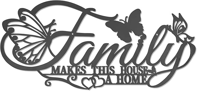 Family Metal Word Sign Wall Art Decor, Family Makes This House A Home Heart Butterflies Wall Hanging Sculpture, Silvery Iron Letters Quotes Home Decor for Living Room Kitchen (Black-B)
