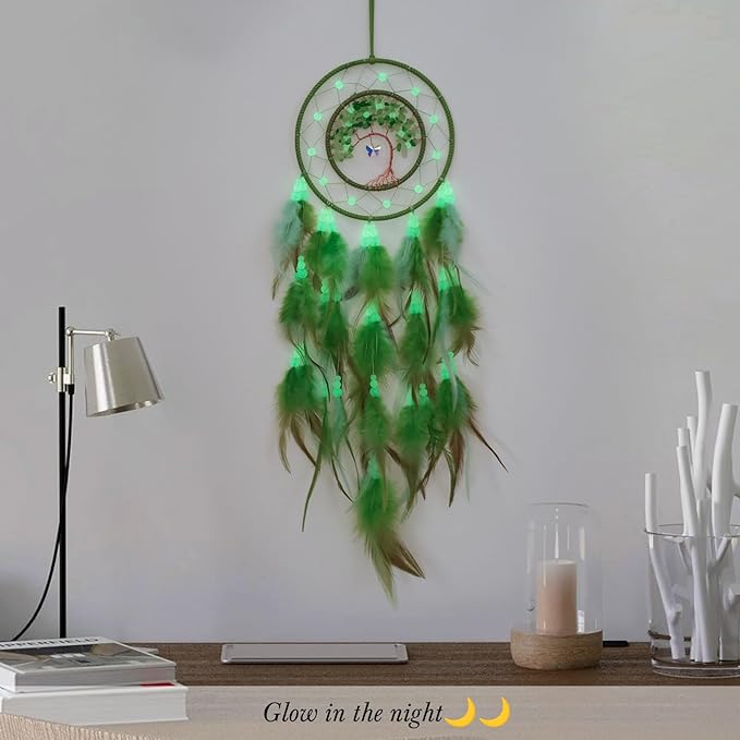 Pretty Jolly Green Tree of Life Dream Catcher Wall Decor with Luminous Beads Handmade Crystal Stones Dreamcatchers Wall Hanging with Small Butterfly Pendant for Bedroom Wedding Party Wish Gift