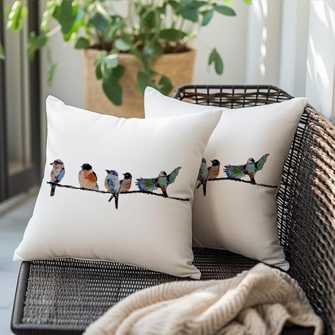 RABUSOFA 18x18 Outdoor Birds Pillow Decorative Throw Pillows,Small Throw Pillows for Couch,Hand-Painted Pillowcases Spring Summer Decorations Cushion Covers Cotton Linen for Sofa Teal Blue