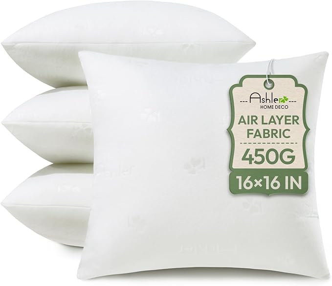 Ashler Throw Pillows Insert- 16x16 Pillow Inserts with Air Layer, Premium Bed and Couch Pillows - Indoor Decorative Throw Pillow, Square Cushion Sham Stuffer, Pack of 4, White