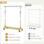 Rolling Clothes Rack Load 530lbs,Heavy Duty Garment Rack With Sturdy Wheel And Shelves, Adjustable Portable Hanging Rack For Clothes, Gold
