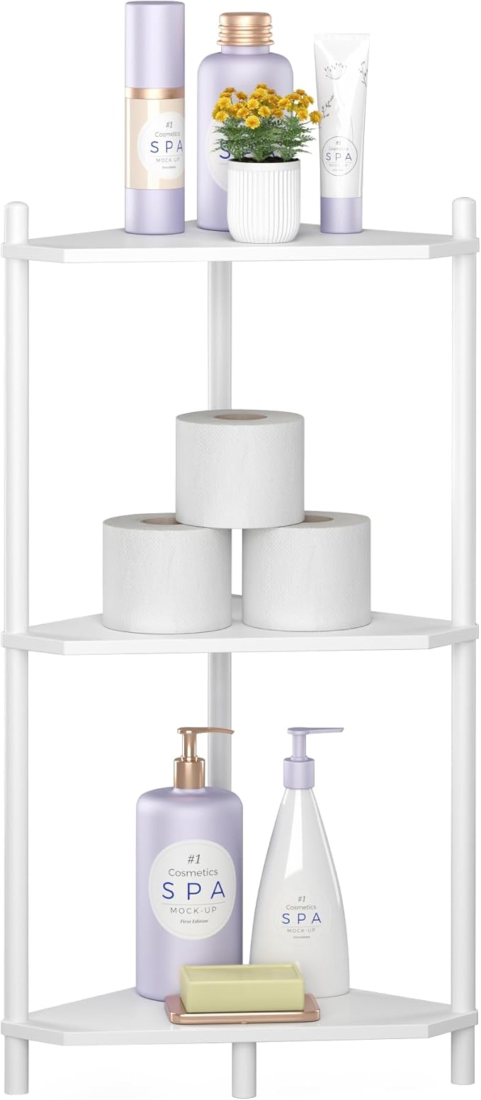 Wisuce Corner Shelf Stand - 3 Tier Bamboo Small Corner Bookshelf for Office Kitchen Bedroom Plant Stand Living Room Decor Small Space (White)