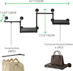 Industrial Pipe Clothing Rack with 2 Floating Shelves, 3 Hanging Rods Wall Mounted Garment Rack, Heavy Duty Iron Clothes Bar, Space-Saving Clothing Hanging Rails for Closet (3 hanging rods 2 shelves)