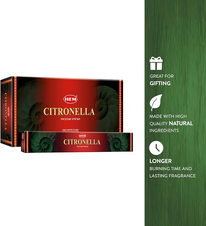 HEM Citronella Jumbo Incense Sticks – 16 Inch Long | Set of 6 Hexagon Boxes (10 Sticks Each, 60 Total) | Fresh Citrus Aroma for Outdoor Use, Relaxing Home Fragrance
