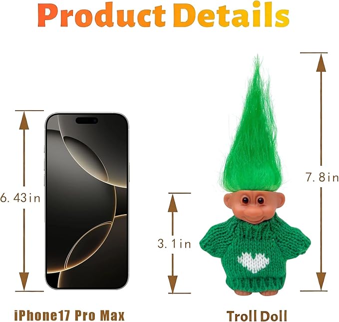 Retro Vintage Lucky Troll Dolls Assorted Hair Colors Chromatic Adorable for Collections, School Project, Arts and Crafts, Party Favors (Green)