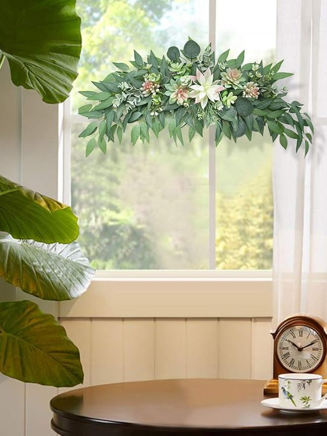 28inch Artificial Succulents Swag Decorative Swag with Eucalyptus Leaves and Succulents Greenery Swag Farmhouse Floral Garland for Table Centerpieces Wall Decor(#1)