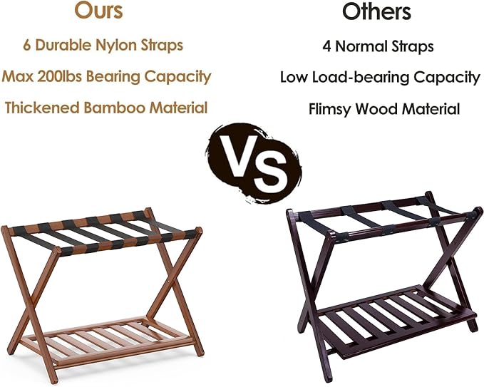 2 Pack Bamboo Luggage Rack for Guest Room, 26.77" Folding Wide Suitcase Stand with Storage Shelf, Thickened Luggage Stand Holder for Bedroom Hotel, Luggage Rack for Suitcases (Brown)