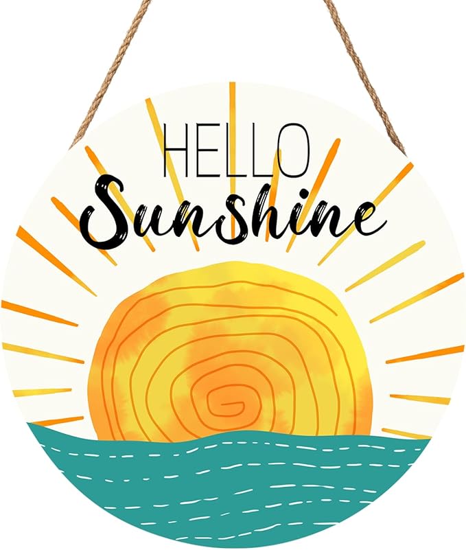 Summer Wreaths for Front Door Hello Sunshine Welcome Sign Summer Sunshine Decoration Wooden Door Hanger Sunset over Sea Farmhouse Hanging Plaque Sign for Home Porch Indoor Outdoor Outside 12”x12”