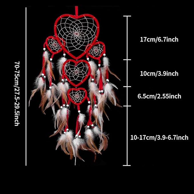 Dream Catcher with Feathers, Heart Shaped Dream Catcher Indians Traditional Love Net Wall Hanging Bedroom Home Car Decor (Red)