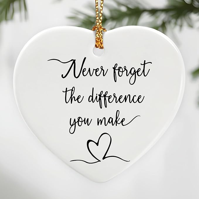 Never Forget the Difference You Make - Thank You Gifts, Appreciation Gift, Midwife Gift, Farewell, Going Away, Goodbye, Inspirational, Retirement Gifts for Coworkers | Ceramic Heart Christmas Ornament