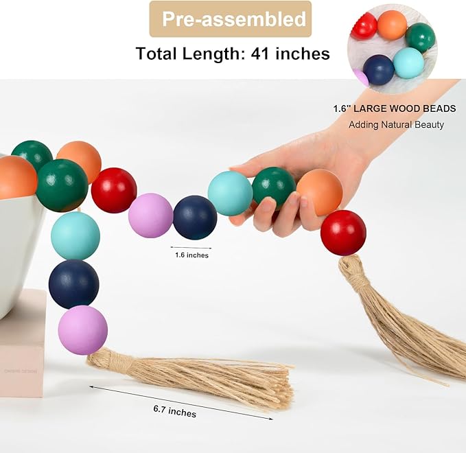 OMISHE Extra Large Wood Bead Garland Colorful with 1.6" Diameter Wooden Beads and Tassels, 41" Long Rustic Farmhouse Country Decorative Beads for Home Tiered Tray Decor, Colorful
