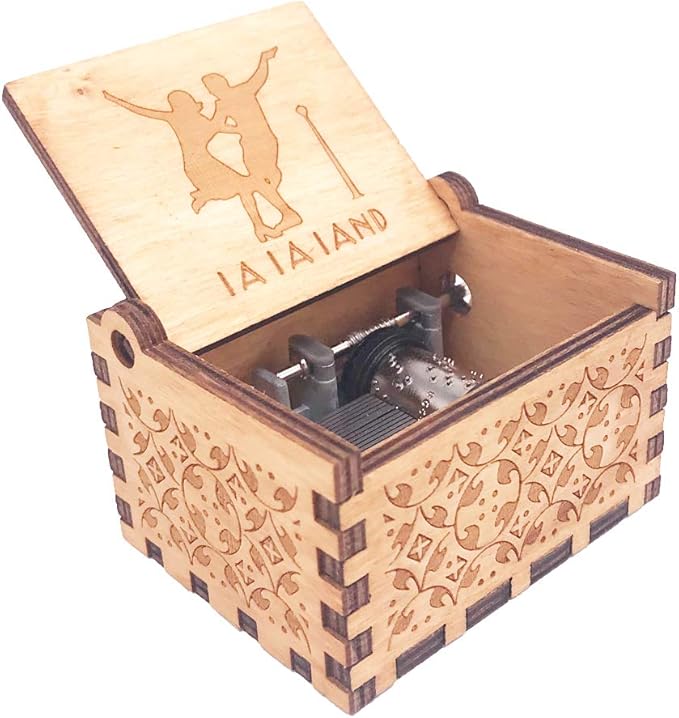 Lalaland Music Box Hand Crank Musical Box Carved Wooden,Play The Theme Song of Lalaland,Brown