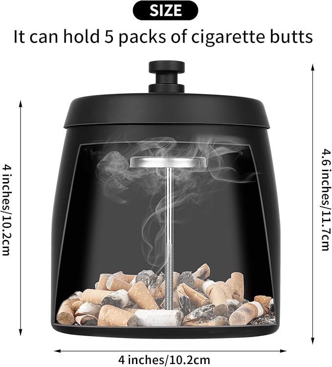 Large Ashtrays for Cigarettes Outdoor Ashtray with Lid, Outdoor Ashtrays for Cigarettes Patio, Metal Ash Tray Sets Windproof Outside Covers Iron Odorless Stainless Steel, Black Ashtray, Large