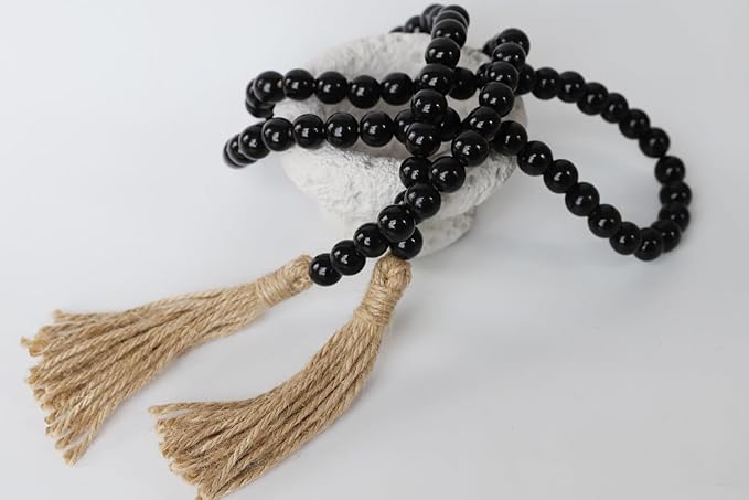 Boho Decor Wood Beads Garland Farmhouse Wall Hanging Decorations Natural Wooden Bead Tassel Decorative for Coffee Table Christmas and Prayer (Black, 58")