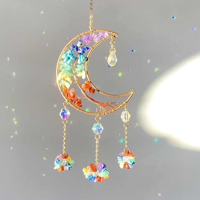 Moon Dream Catchers with Crystal 7 Chakra Gemstone Dream Catchers Crystal Suncatcher Rainbow Maker Good Luck Decor for Window Wall Car Home Garden (Moon)