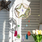 Large Dream Catcher Pink Star Dream Catchers with Healing Crystals Stones Crystal Suncatcher Prism Hanging Window Wall Room Decor Handmade Gift for Girls Boys