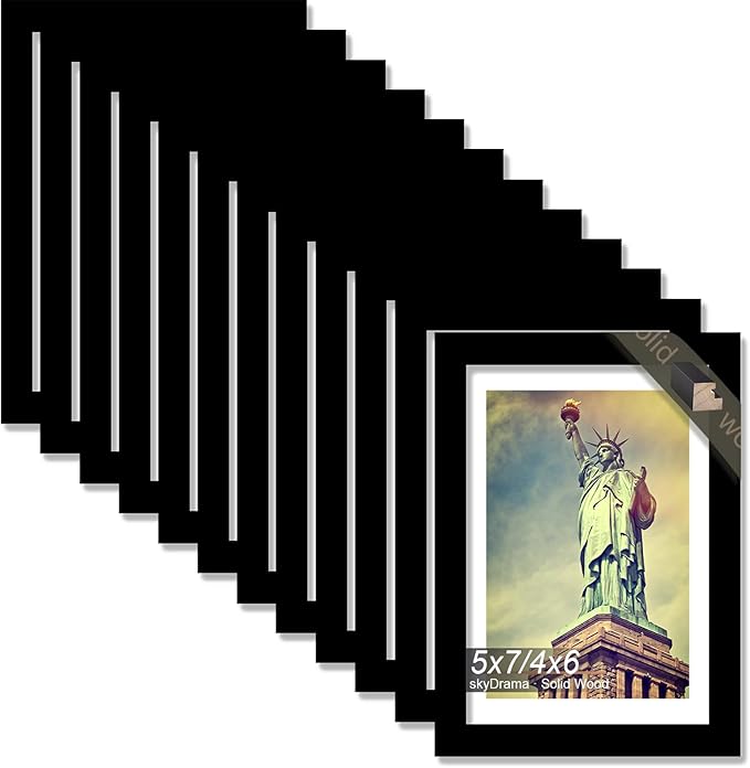 100% Solid Wood 5x7 Picture Frame Set of 12, Black Frame Display Photo 4x6 with Mat or 5 x 7 without Mat, 5by7 HQ Matte Black Frame for Wall - 12 Pack/Black/5"x7"