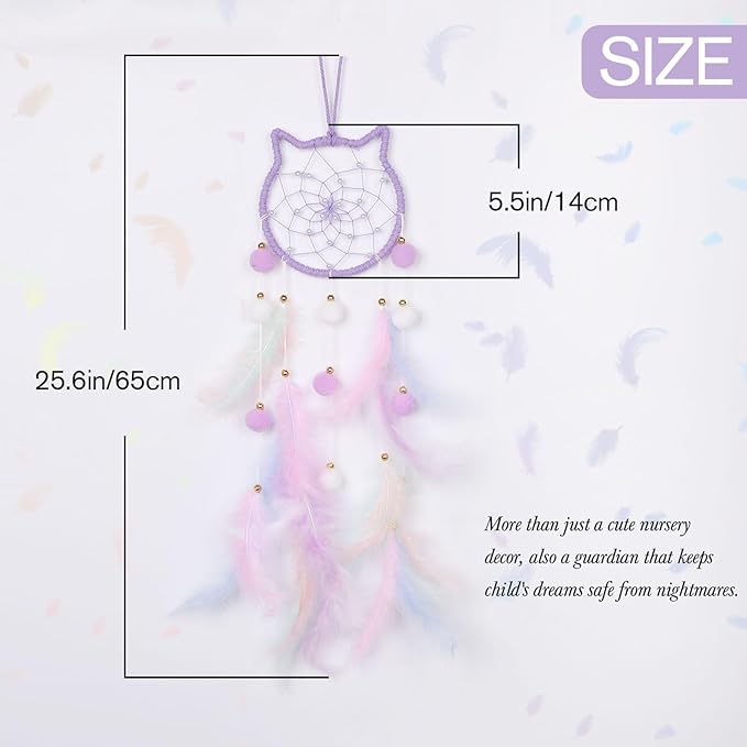 Pretty Jolly Purple Cat Kids Dream Catcher Wall Decor Pompom Feather Baby Dreamcatcher Handmade Children Dream Catcher Home Décor Wall Hanging for Nursery Bedroom Boys Girls Birthday Gift-25.6in