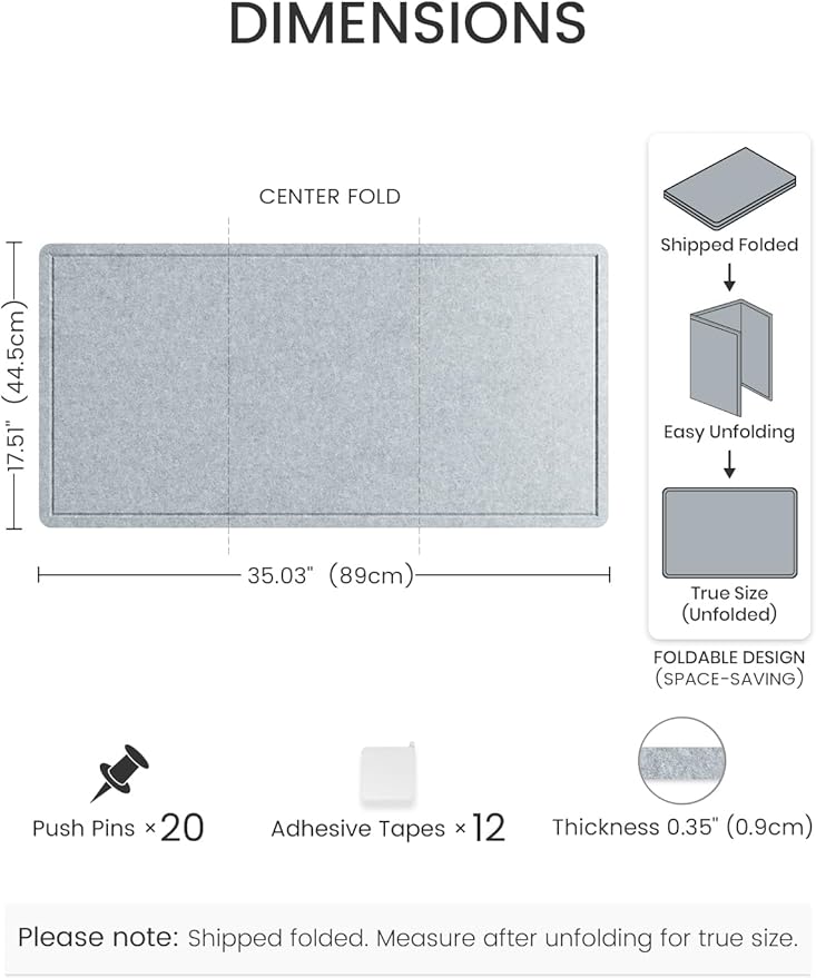Fluxynara Bulletin Board, 35" x 17.5" Cork Board Alternative with 12 Safe Removable Adhesive Tabs, Foldable Felt Pin Board for Home Office, Classroom, Bedroom,Entryway for Walls—Blue Gray