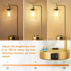 Innqoo Industrial Table Lamp for Bedroom Set of 2 - Fully Dimmable Bedside Lamps with USB Ports and Outlet, Gold Nightstand Lamps with Clear Glass Shade for Living Room, Desk Lamps for Office Reading