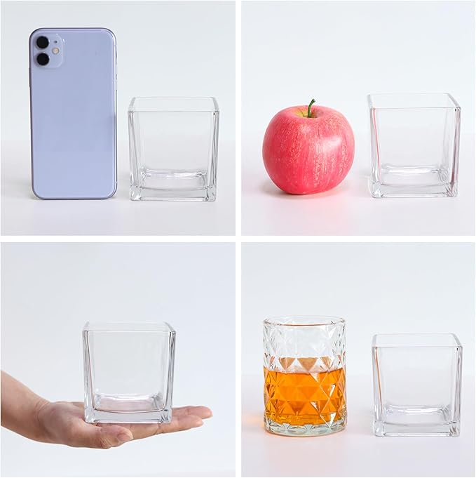 Set of 6 Square Glass Vases 3" x3" x 3", Clear Flower Vases for Centerpieces, Candle Holder for Wedding Party Events, Home Décor