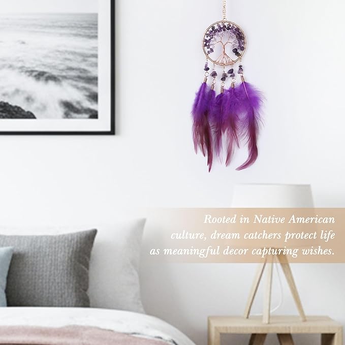 Pretty Jolly Small Tree of Life Crystal Stone Dream Catchers Purple Feathers Mini Dreamcatchers for Cars Rear View Mirror Hanging Decoration Good Luck Travel Charm Bedroom Ornaments for Women Girls