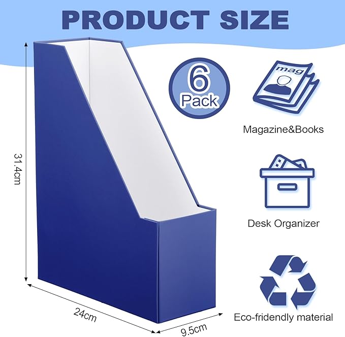 Feifeiya Magazine File Holder Set of 6 Stylish Sturdy Cardboard File Boxes Desk Organizer Beautiful Magazine Holder Rack with Gold Label Holder for Home Office Desktop Bookshelf Classroom (Navy Blue)
