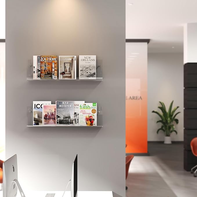 Acrylic Magazine Holder, 2 Pack Hanging Bookshelf Magazine Rack, Wall Mounted Floating Brochure Display for Waiting Room, Office, Home (Clear, 24 Inch)