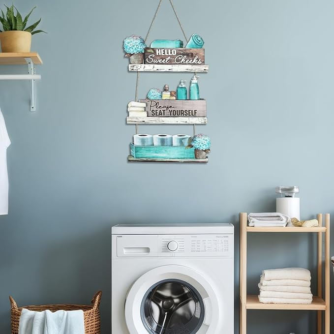 Dazzlewall 3pcs Farmhouse Bathroom Wooden Wall Decor, Turquoise Vintage Floral Bathroom Accessories Wood Hanging Sign Rustic Blue Toilet Plaque Decor, 15.3x10.2 in