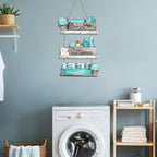 Dazzlewall 3pcs Farmhouse Bathroom Wooden Wall Decor, Turquoise Vintage Floral Bathroom Accessories Wood Hanging Sign Rustic Blue Toilet Plaque Decor, 15.3x10.2 in