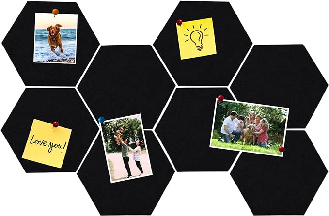 8Pcs Hexagon Felt Cork Board Tiles, Self Adhesive DIY Bulletin Board Pin Board for Office School Home Wall Decor Stickers Memos Photos Display (Black)
