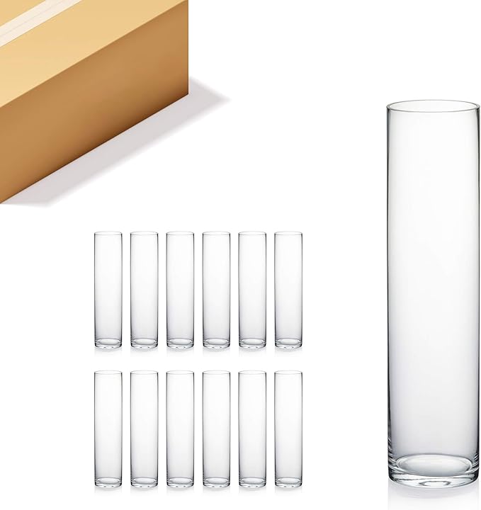 WGVI Quality Thick Weighted Tall Clear Cylinder Glass Vases, 4" W x 16" H, Flower Arrangement Floating Candle Holders Wedding Centerpieces Event Floral Container Home Decor, Bulk Wholesale, 12 Pcs