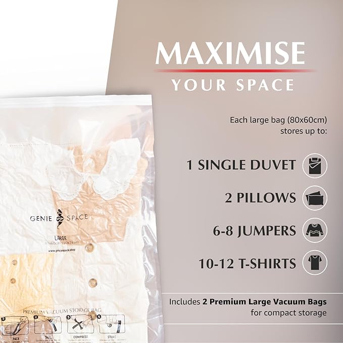 GENIE SPACE Premium Vacuum Storage Bags for Clothes, Bedding and Travel, Large Size 30x24 Inches, Airtight, Odor-Proof and Reusable Space Saver Bags with Double Zipper Seal, 2-Pack