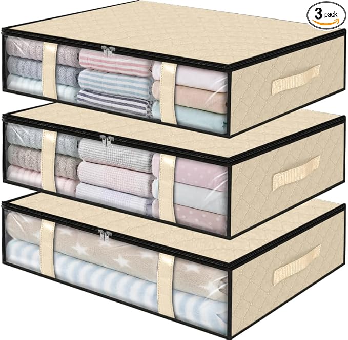 StorageRight Under Bed Storage Bags 3 Pack, 40L Large Clothes & Comforter Storage Containers with Clear Window, Breathable Fabric Organizer for Blankets, Bedding, Seasonal Clothing, Beige
