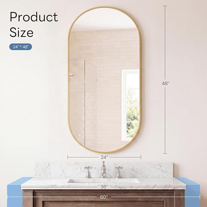 Sweetcrispy 24" x 48" Gold Bathroom Mirror for Wall, Oval Wall Mirrors with Metal Frame, Tempered Glass, Modern Vanity Mirror for Over Sink, Living Room, Bedroom, Entryway, Horizontal or Vertical