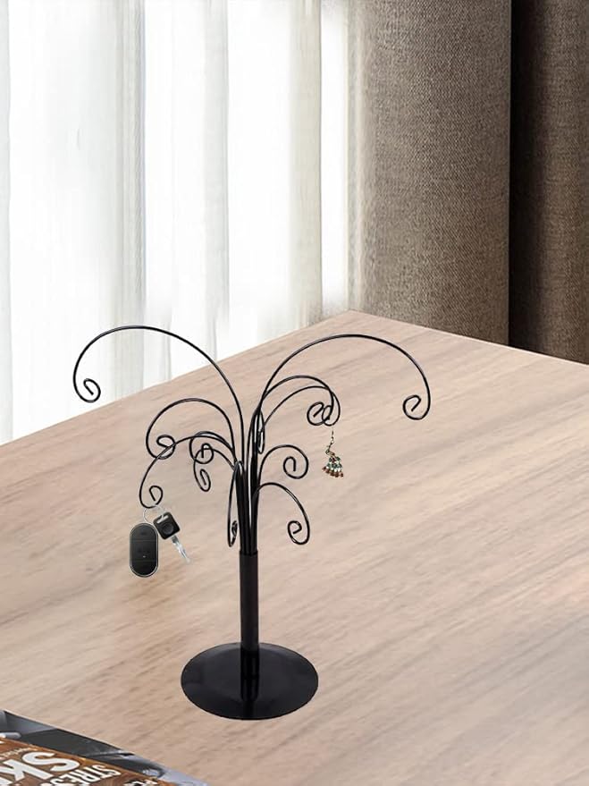 10.6 inch Ornament Tree Display Stand Rotating Decor, Decorative Black Metal Tabletop Display Stand Features Multiple Hooks, Display Rack for Ornaments Glass Globes Balls and Small Craft Items (1PCS)