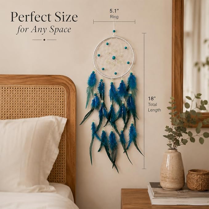 Handmade Turquoise Blue Dream Catcher for Boy– Glow in The Dark Wall Hanging Decor for Boys Girls Bedroom, Nursery, Kids Room, Birthday